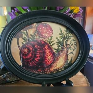 Vtg Oval Frame with Moody Snail & Mushroom Print 9" x 7"